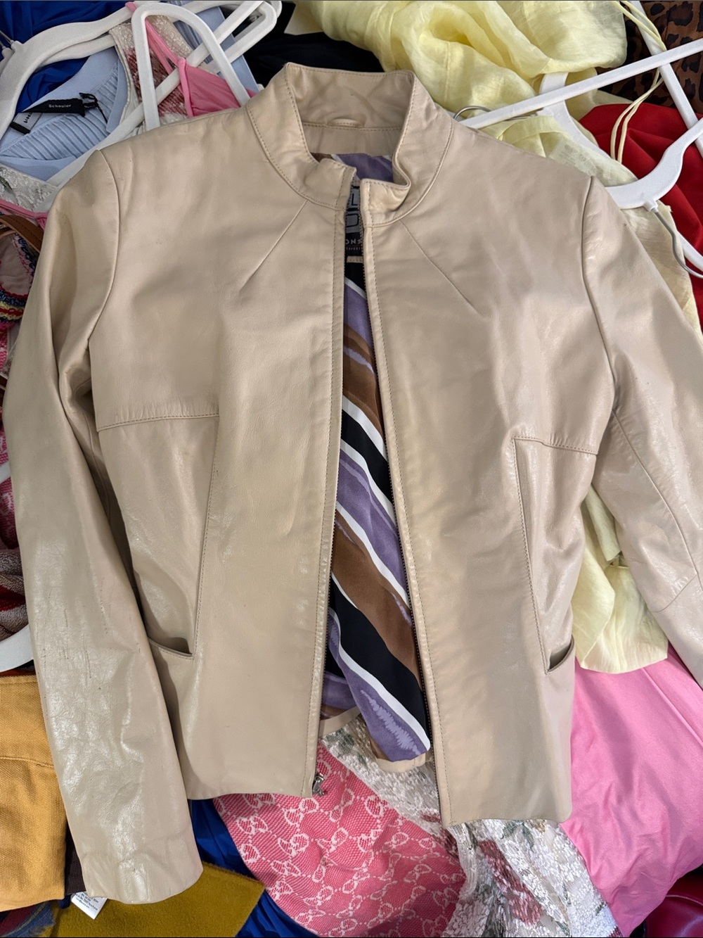 Women's Cream Leather Jacket - Classic Collar
